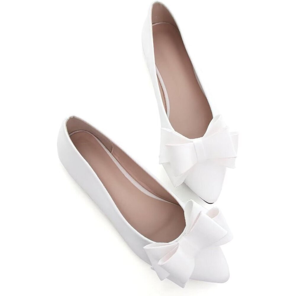 Women's White Bowknot Ballet Flats Pointy Toe Casual Flat Shoes Suede - Picture 6 of 6